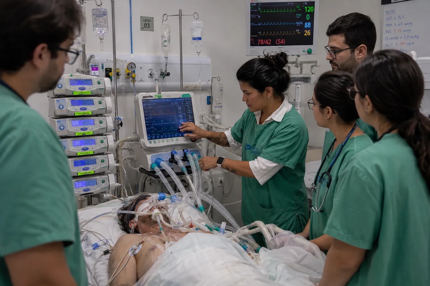 Fisioterapeuta ajustando os parâmetros do ventilador mecânico à beira do leito, com a equipe multiprofissional acompanhando a conduta.