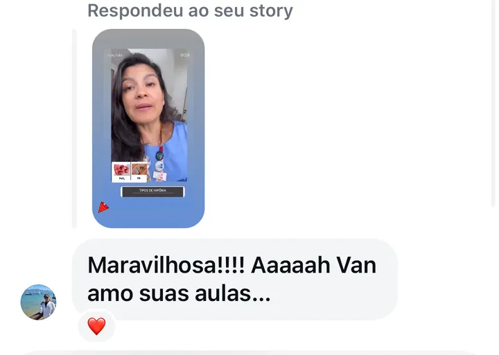 Print do direct, em resposta a um story sobre tipos de hipóxia: “Maravilhosa!!!! Aaaaah Van amo suas aulas...”