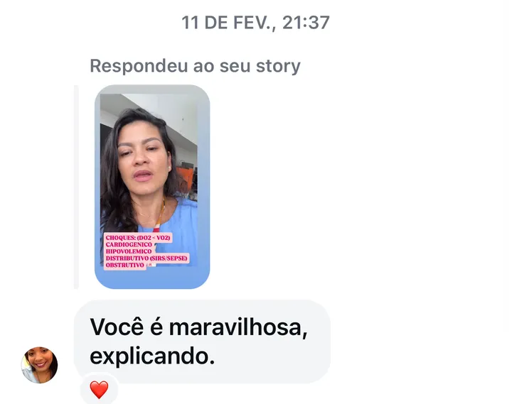 Print do direct, em resposta a um story sobre tipos de choque: “Você é maravilhosa, explicando.”