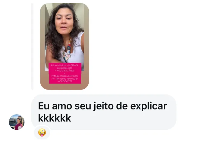 Print do direct, em resposta a um story sobre ritmos de parada cardíaca: “Eu amo seu jeito de explicar”.