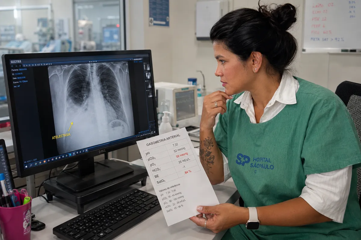 Fisioterapeuta analisando um resultado de gasometria arterial no papel, ao lado da radiografia de tórax do paciente na tela.