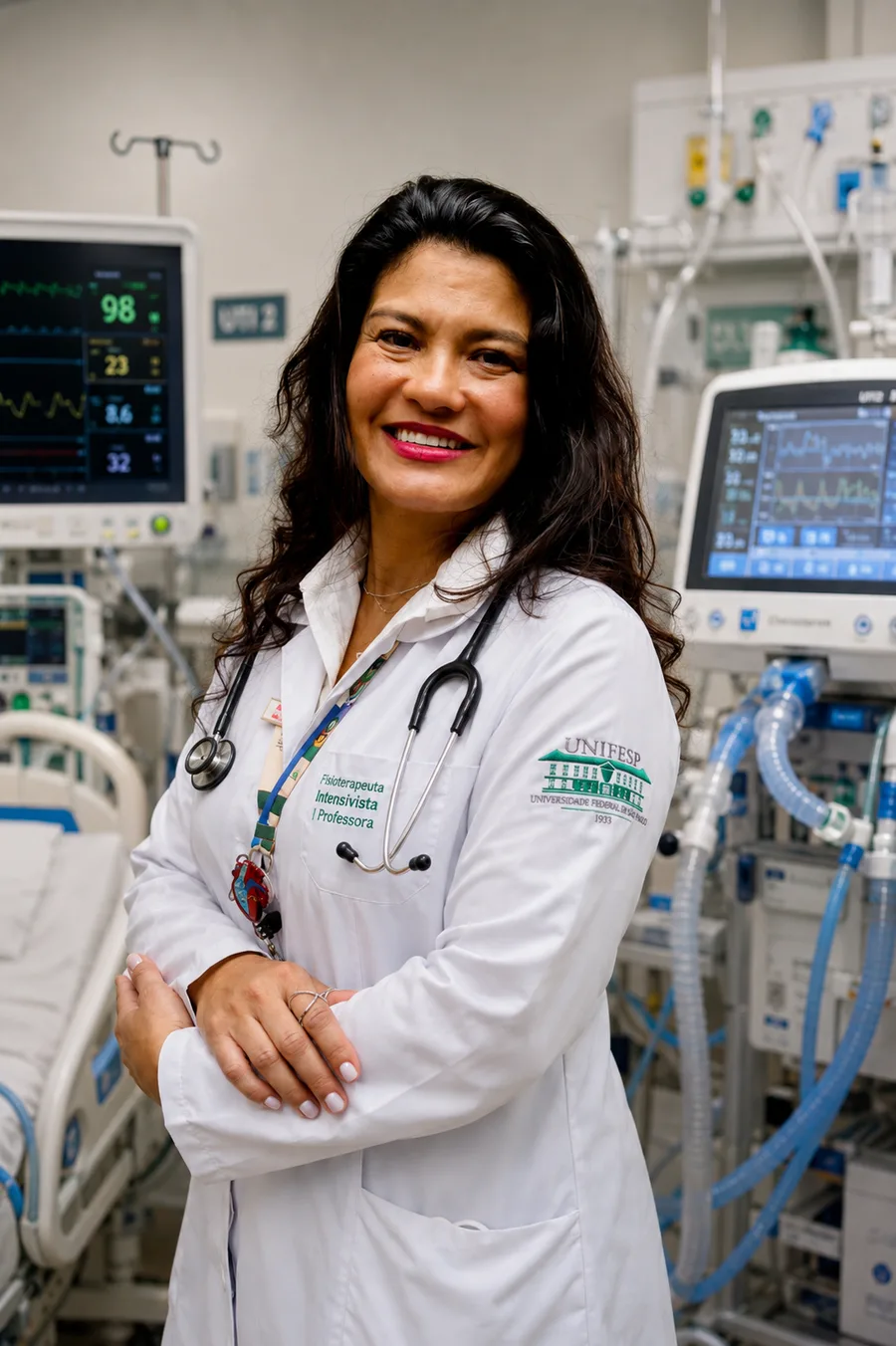 Profa. Vanessa Marques de jaleco, dentro da UTI, entre o monitor multiparamétrico e o ventilador mecânico.